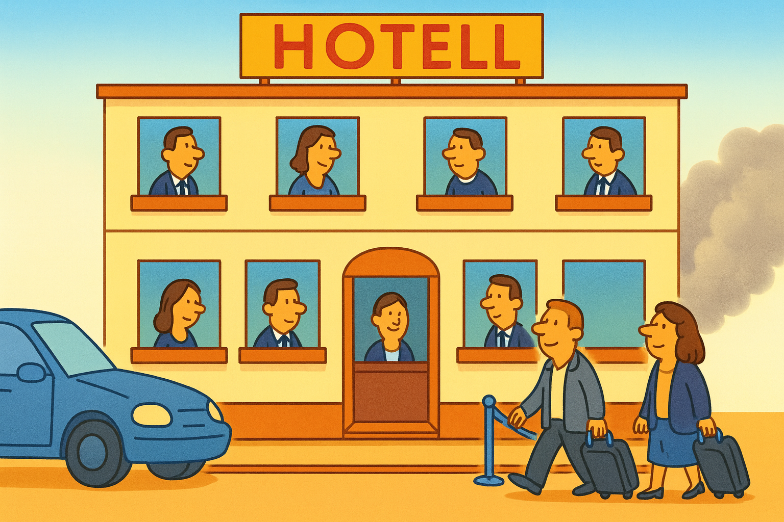 Tecknad bild på hotell.